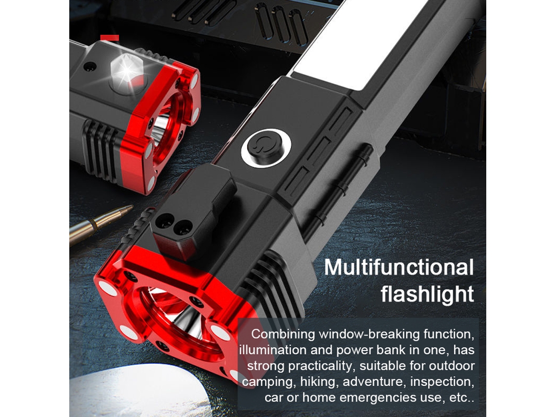 Linterna Led Multifuncional Portátil Con Batería, Batería Externa, Martillo De Seguridad Impermeable Y 4 Modos De Luz.