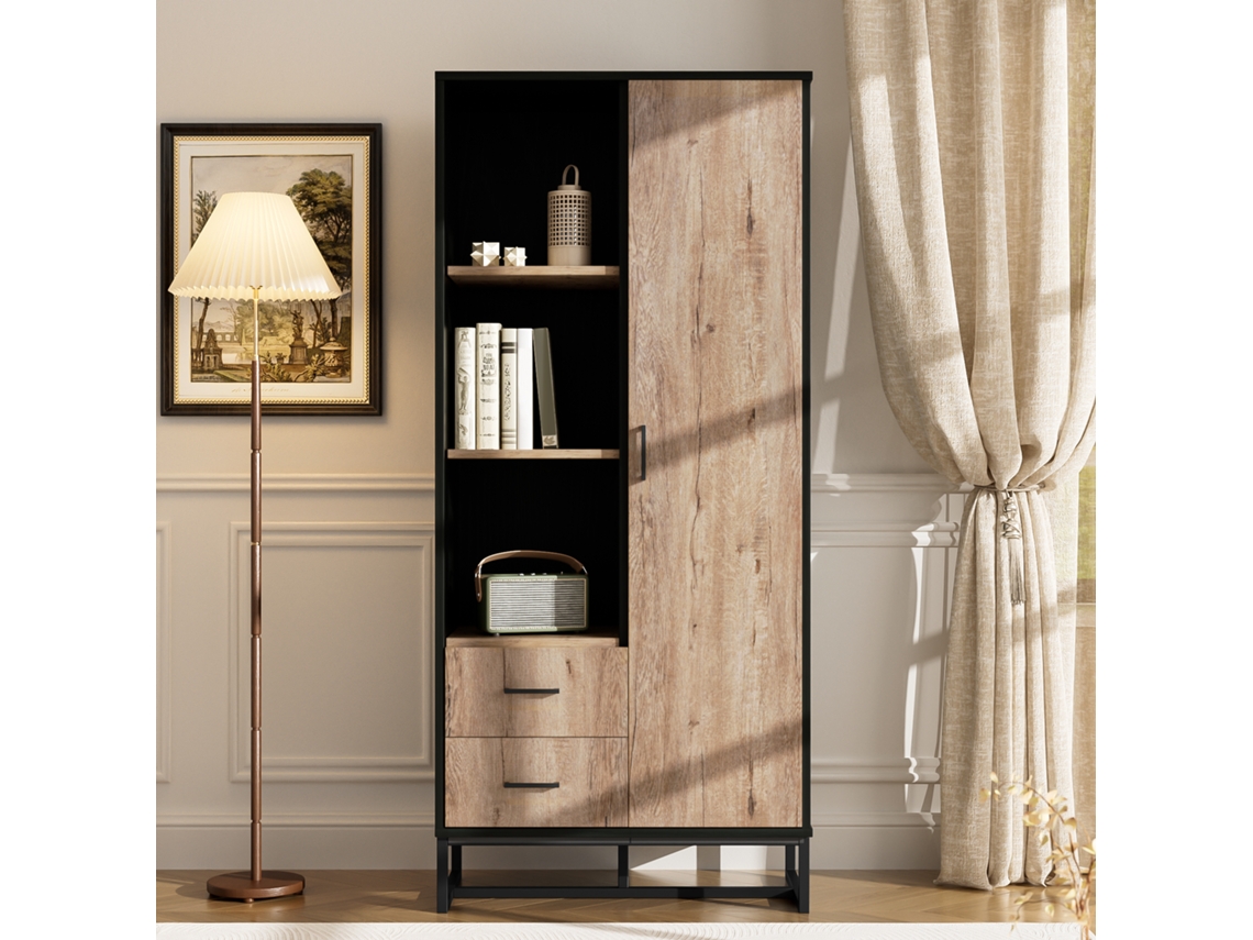 Aparador Alto Moderno 80x40x180cm 1 Puerta 2 Cajones 3 Compartimentos Abiertos