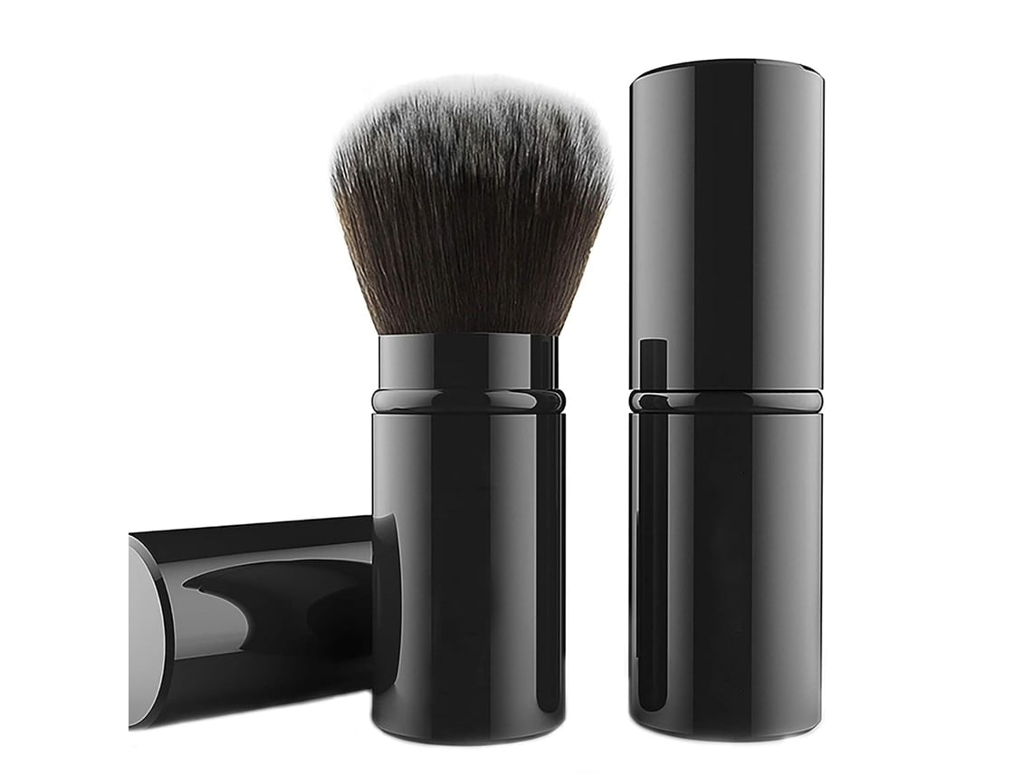 Brocha De Maquillaje Extensible, Brocha De Rubor De Viaje, Brocha Portátil Para Polvos Compactos (con Tapa), Negro/rosa