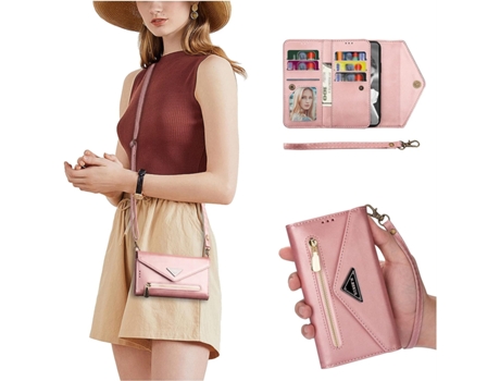 Funda Tipo Billetera Cruzada Con Función Atril Con Ranuras Para Tarjetas Y Cordón Desmontable Y Correa Para La Muñeca, Oro Rosa Para Iphone 13 Pro ...