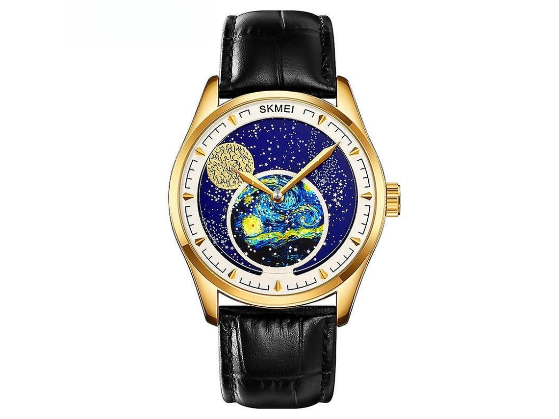 Reloj de pulsera analógico de cuarzo resistente al agua para hombre con correa de cuero dorada