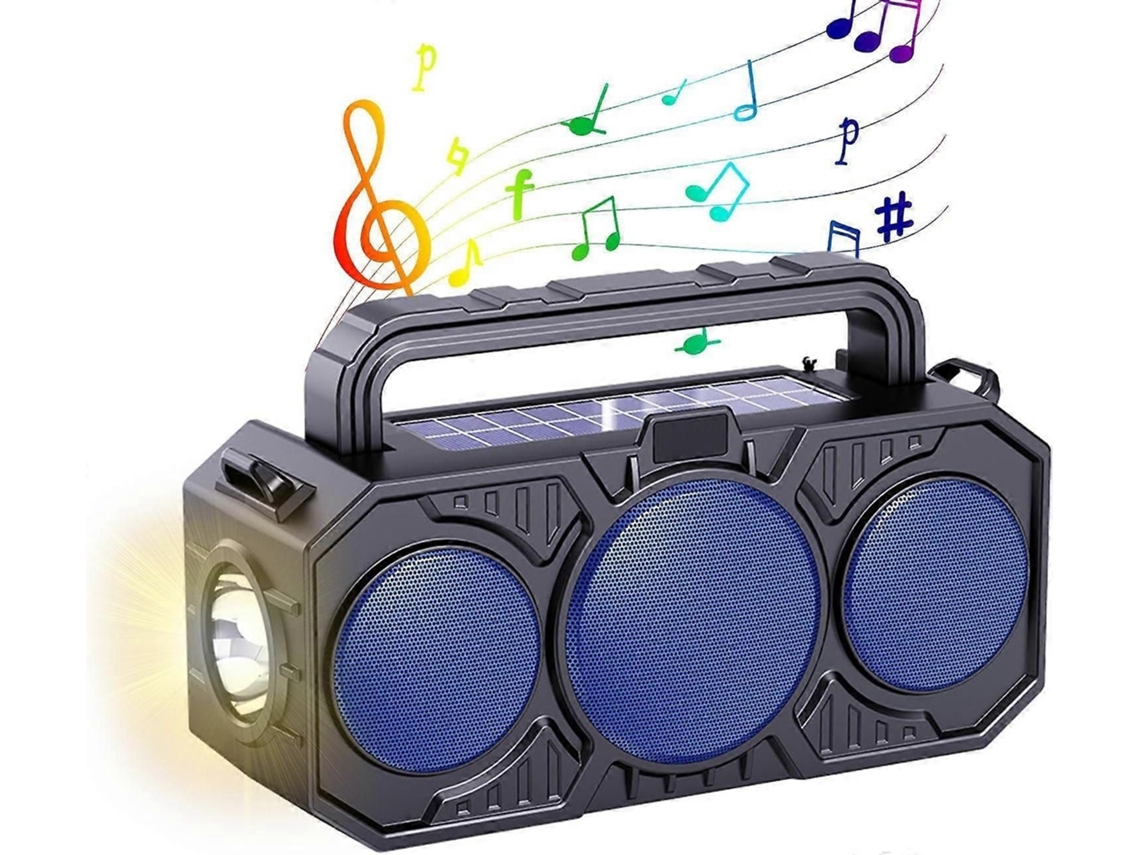 Radio solar portátil GOKOCO con linterna, radio FM estéreo, carga USB y función de manivela.