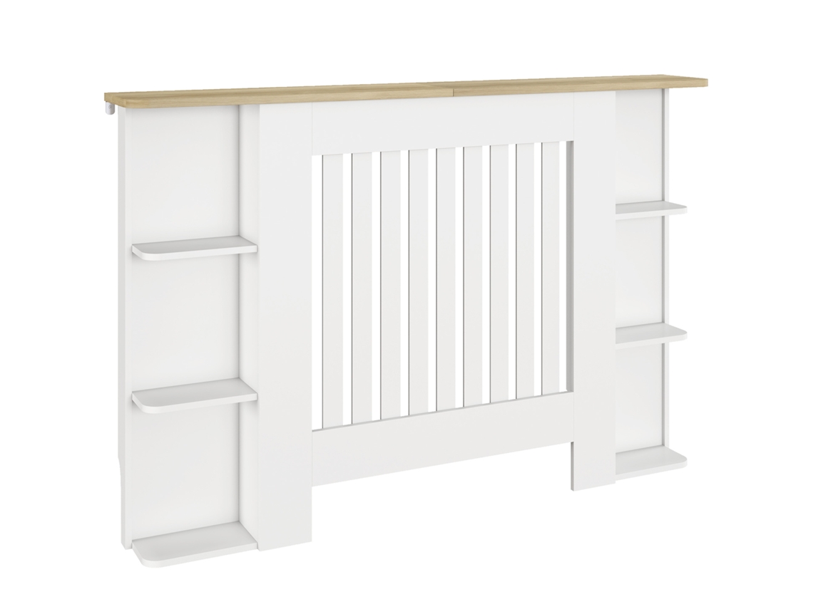 Cubierta para radiador con estantes, diseño moderno de listones para salón/dormitorio, 124x19x83 cm, blanca
