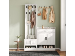 Conjunto De Armario 125x36x190cm - Con Banco Y Zapatero, 8 Ganchos, 4 Puertas, 1 Cajón - Blanco