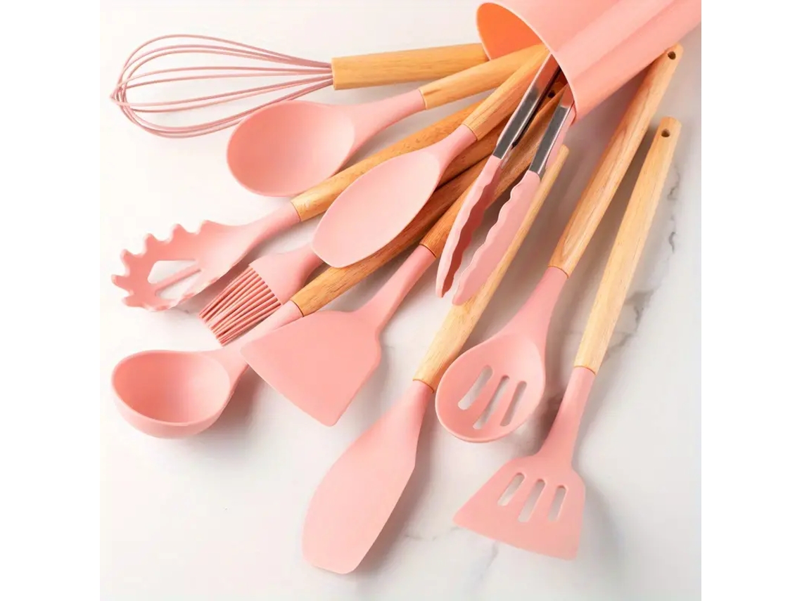 (rosa) Juego De Utensilios De Cocina De Silicona Resistente Al Calor (12 Piezas), Con Mangos De Madera.