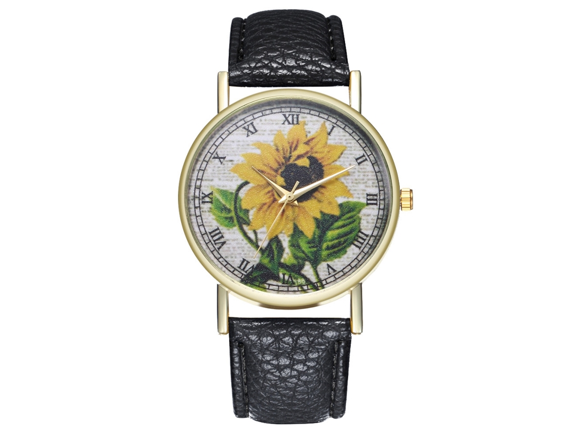 Reloj De Pulsera Unisex Con Estampado De Girasoles, Números Romanos Y Correa De Piel Sintética Negra.
