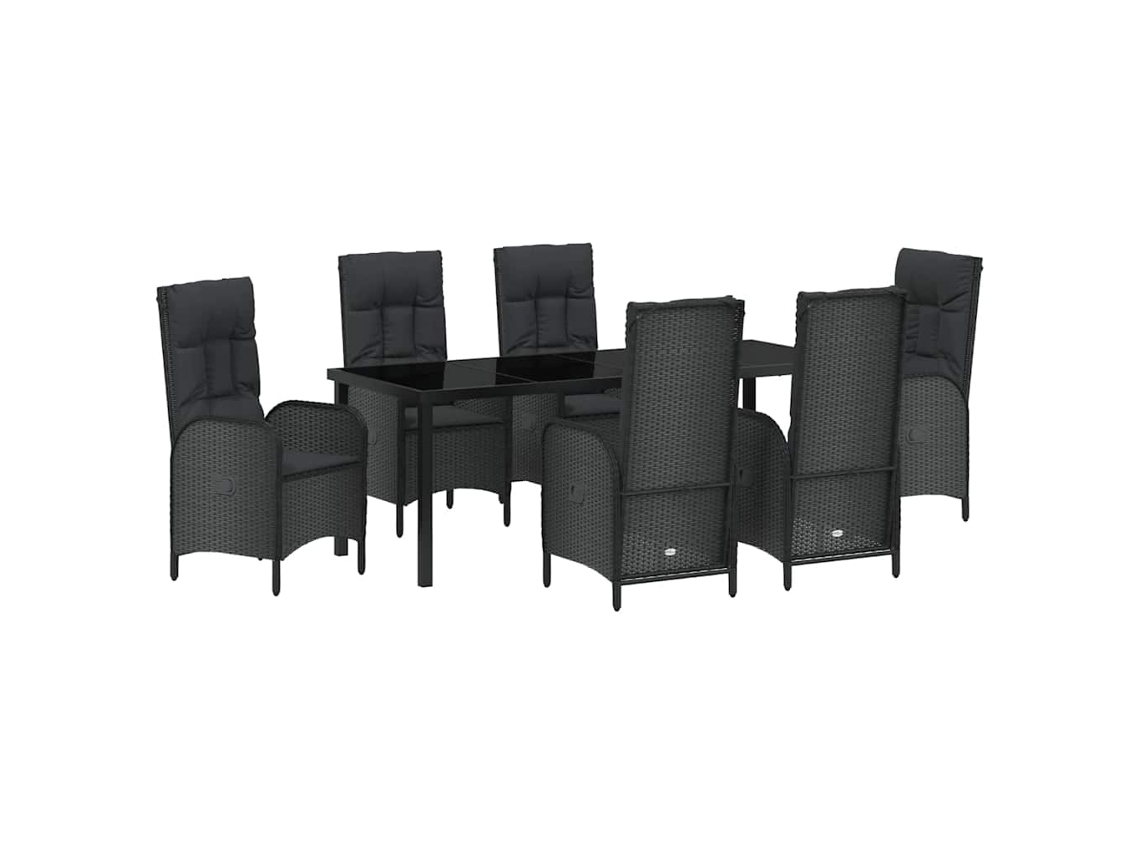 Juego de comedor de 7 piezas de mimbre negro con cojines. EXCLUSIVO DE MAISON.