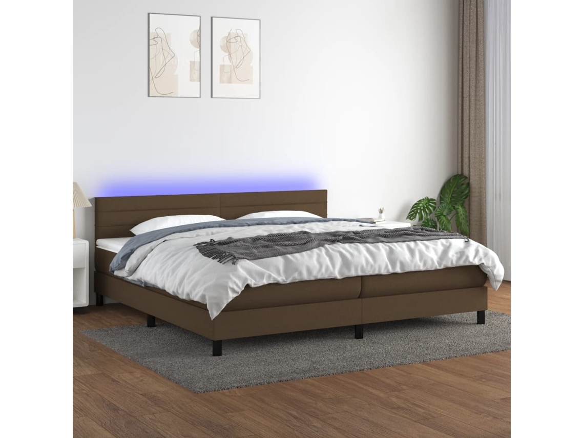 Cama Box Spring Colchón Luces Led Tela Marrón Oscuro 200x200 Cm
