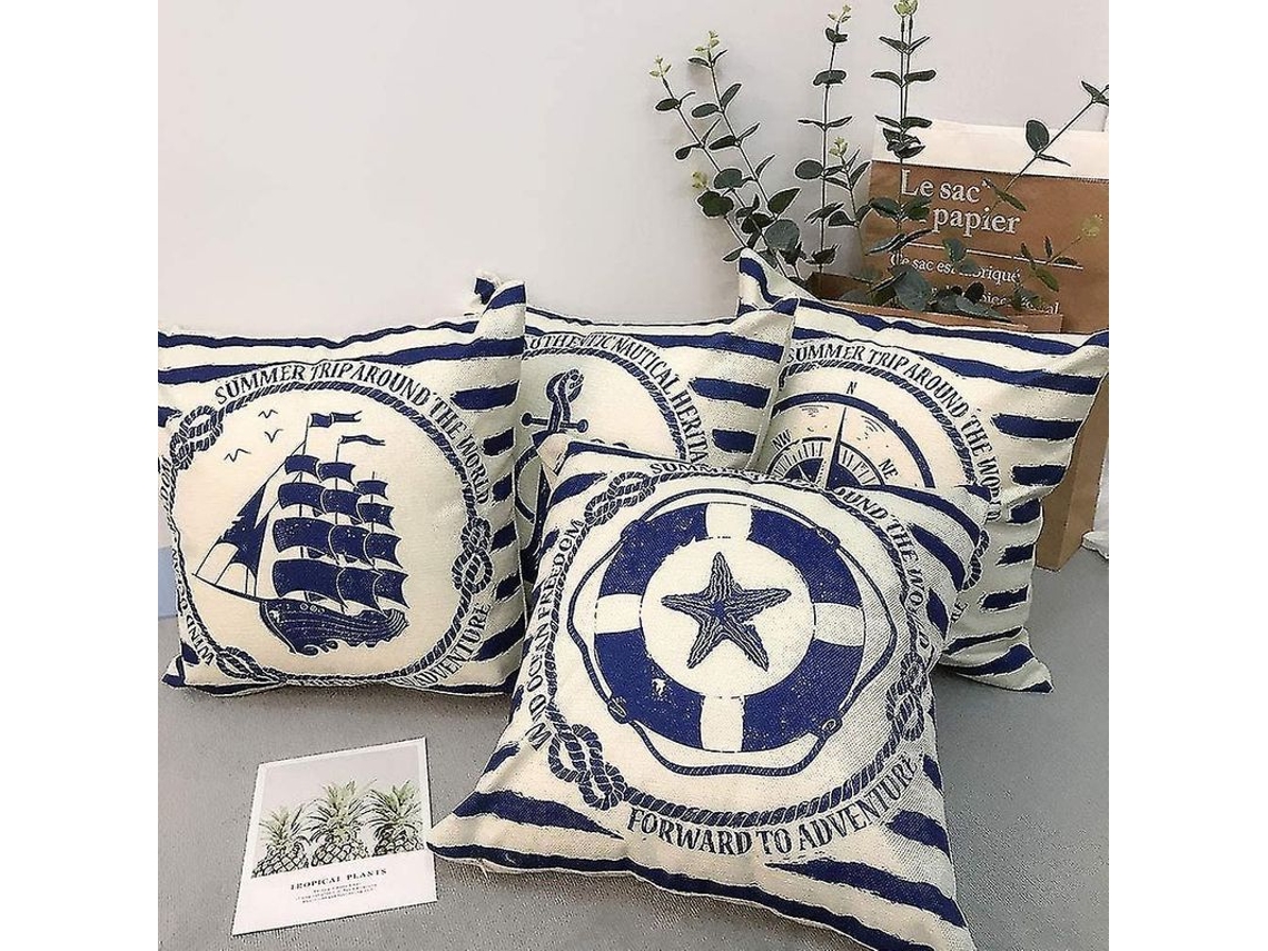 Rebe-4 Fundas De Almohada Decorativas Náuticas Brújula Lino Algodón 45x45 Cm Cremallera Invisible