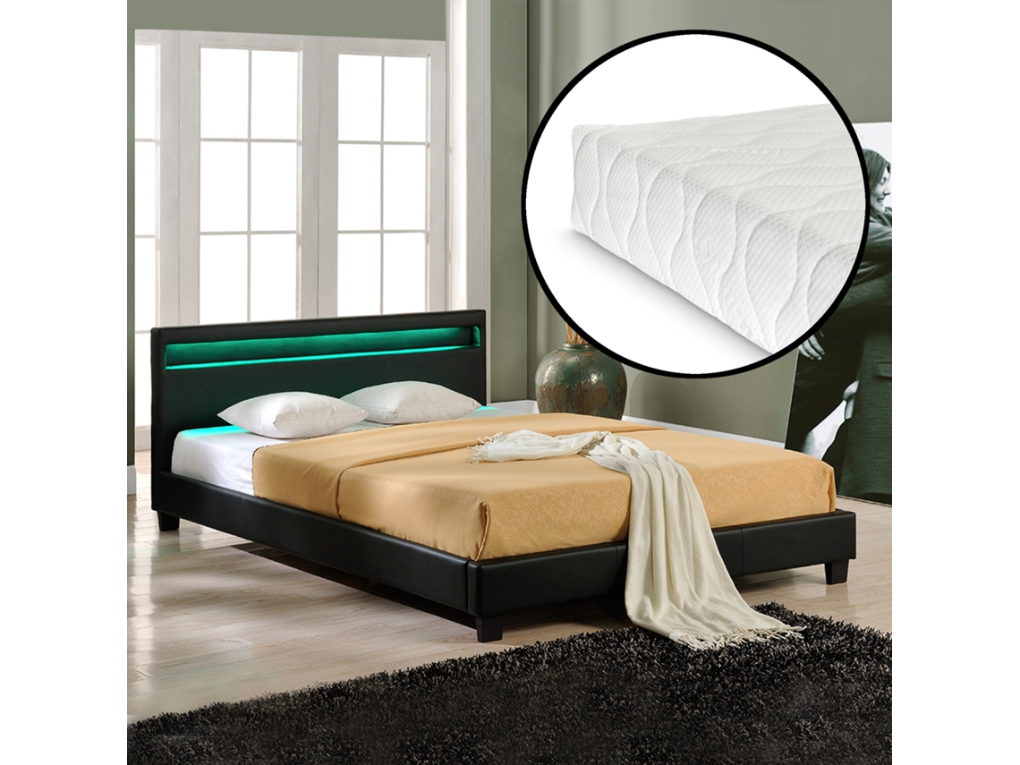 Cama de matrimonio CORIUM (210 x 169 x 78 cm - Piel sintética - Negro)