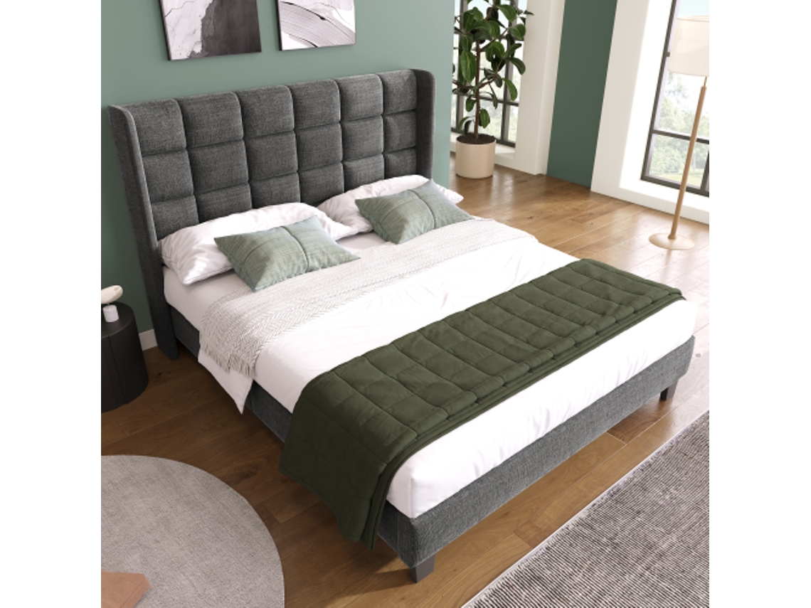 Cama Tapizada Con Cabecero Acolchado, Cama De Matrimonio Con Somier De Láminas, 140x200cm, En Lino Gris, Firmeza Media (sin Colchón)