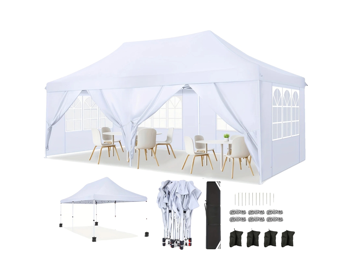 Cenador plegable, tejido impermeable, altura regulable, color blanco.