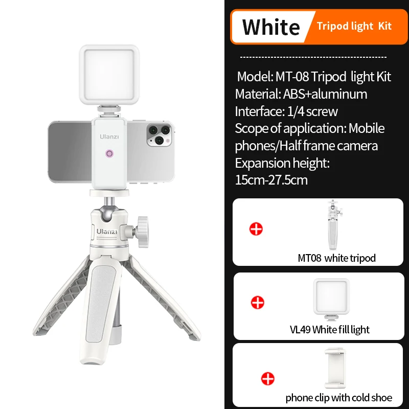 Mini trípode plegable MT-08 con tornillo de 1/4'', mango, universal para teléfonos móviles DSLR, Android y iPhone, kit 1 blanco