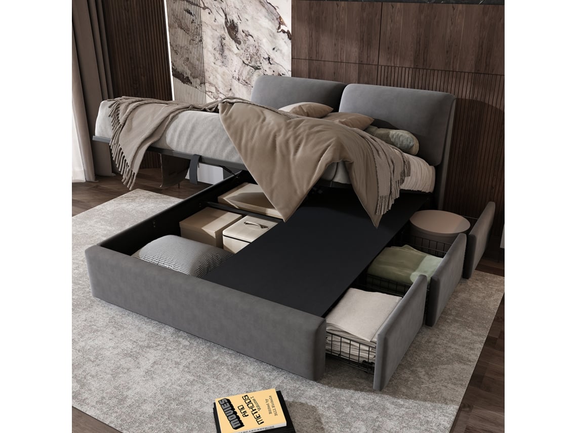 Cama De Terciopelo Gris De 140x190 Cm Con 3 Cajones.