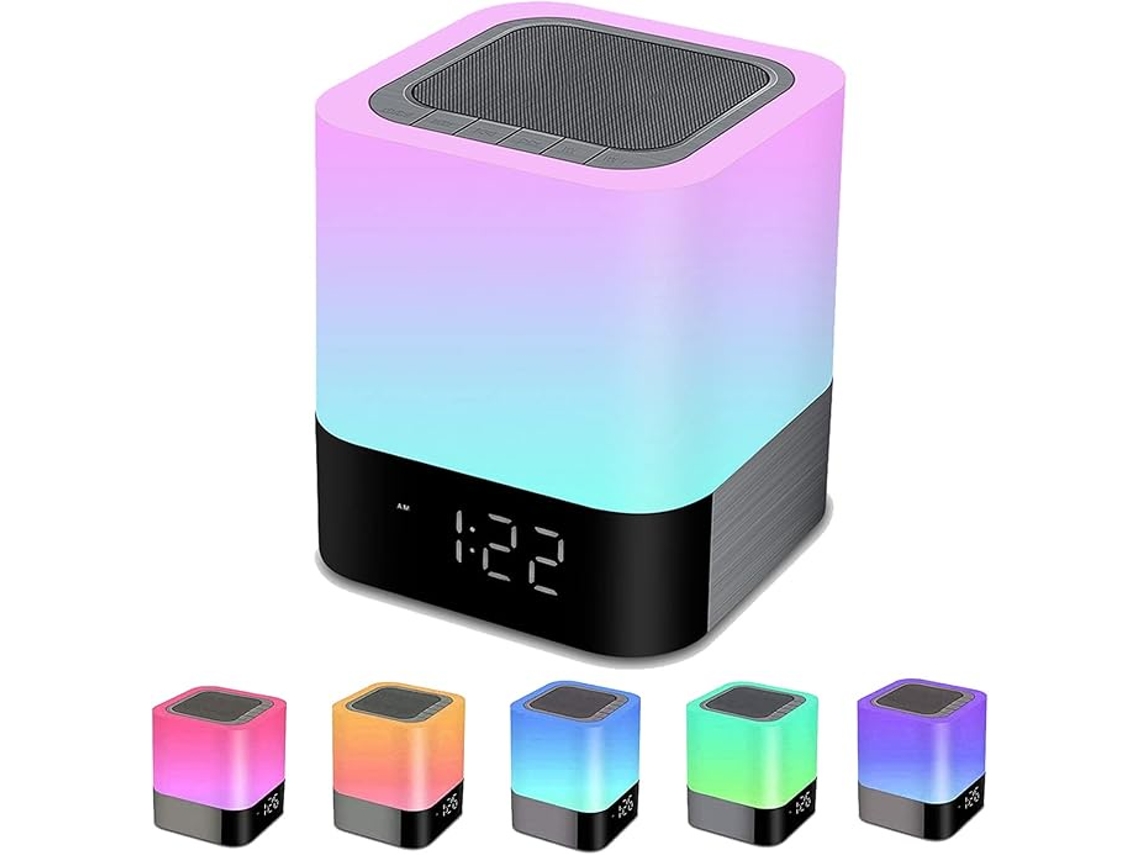 Lámpara de noche con despertador y altavoz Bluetooth, luz nocturna para decorar el dormitorio, lámpara Ikikso RGB que cambia de color (blanca)