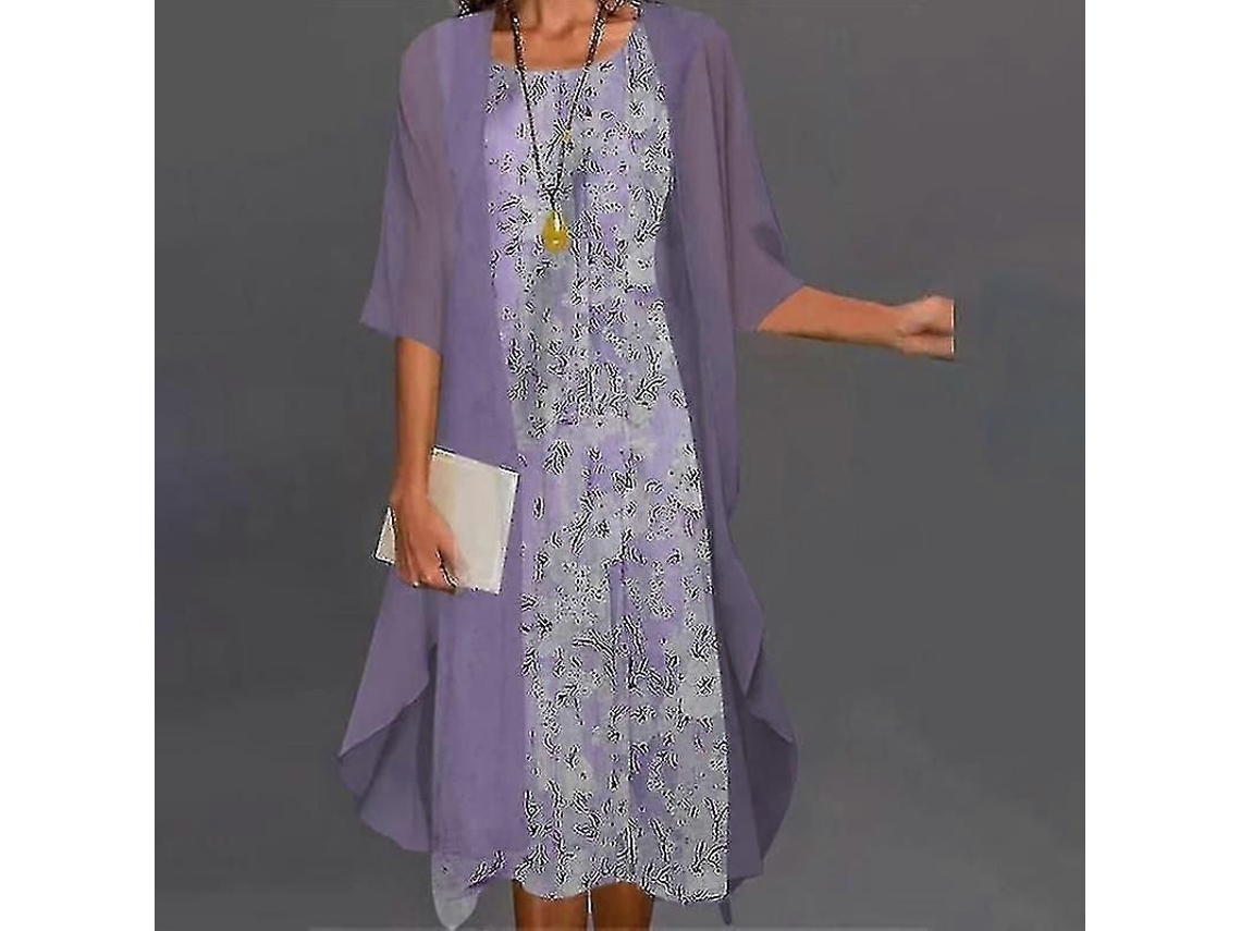 Vestido bohemio para mujer con cárdigan estampado floral, conjunto casual de dos piezas, morado S