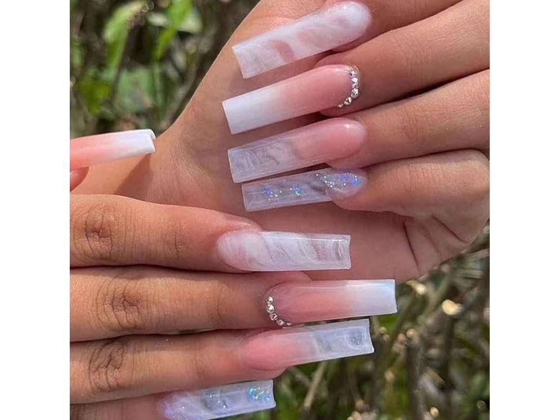 Uñas Postizas Largas Cuadradas En Rosa Y Blanco Con Efecto Degradado, Purpurina Y Diamantes De Imitación, Reutilizables.
