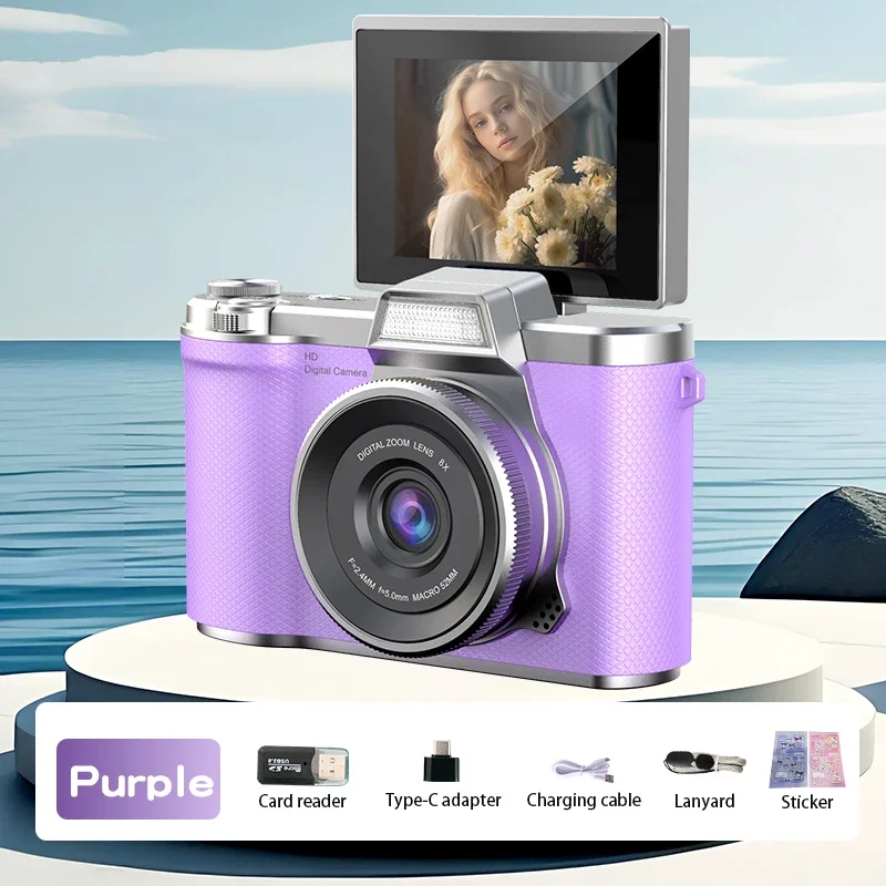 (la Versión Morada Incluye Una Tarjeta Tf De 64 Gb) Cámara Digital 4k Con Resolución De 48 Mp, Pantalla Abatible De 180° Recargable.