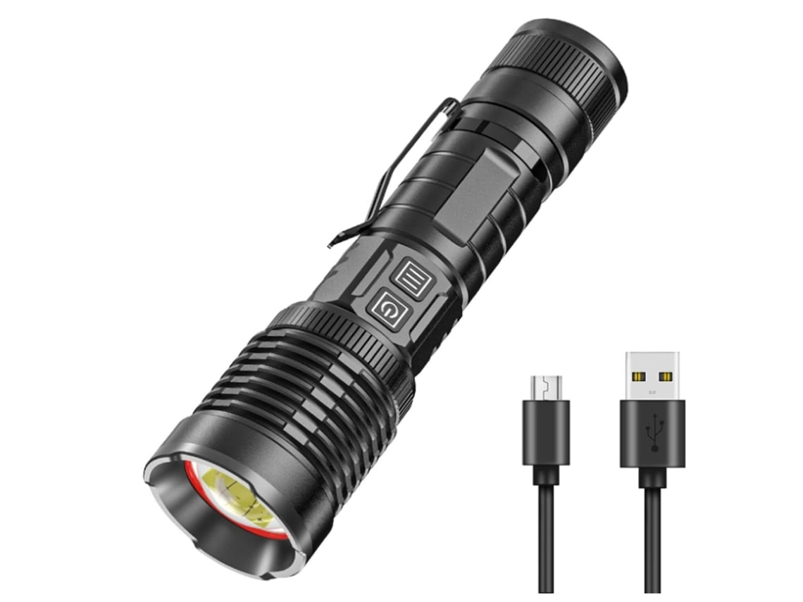 Linterna táctica Yunzii XHP99 negra de 100.000 lúmenes con zoom alto, resistente al agua IPX4, 5 modos, recargable por USB y LED de alta potencia.