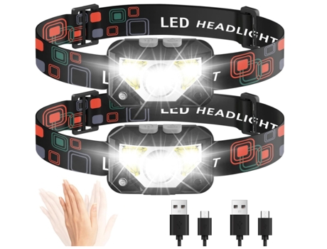 Linterna frontal recargable LED Lámpara frontal de 1200 lúmenes con sensor de movimiento de 8 modos Luz roja blanca Faro impermeable (negro) CHRONUS