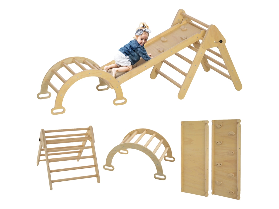 Triángulo de escalada, estructura de madera plegable, equipo de juego versátil, color caqui.