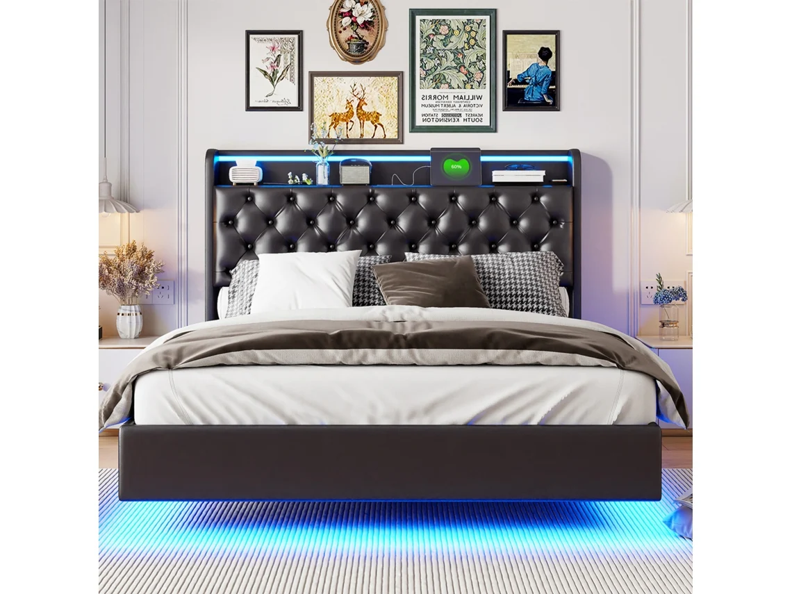 Cama flotante 140x200cm piel sintética, tiras de luz LED en el cabecero y estructura con puerto USB y espacio de almacenaje bajo la cama.