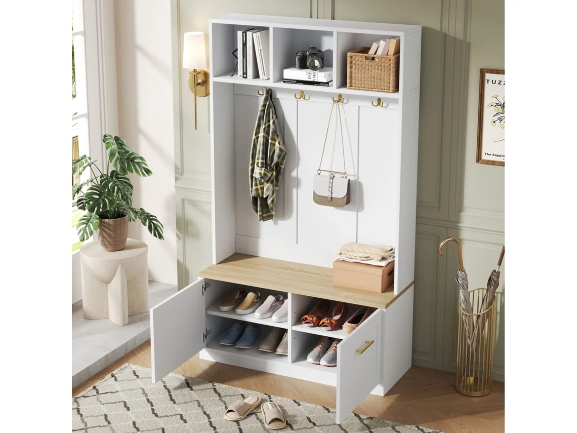 Mueble compacto con banco, almacenaje abierto, 2 puertas y 4 ganchos, natural y blanco, MOBRIO (105 x 40 x 180 cm)