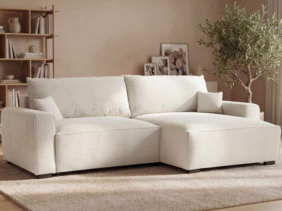 Sofá Cama 3 Plazas BUDWING Lauren Beige + Chaise c/ Almacenamiento Integrado (269 x 158 x 96 cm - Reversible Lado Derecho/Izquierdo)