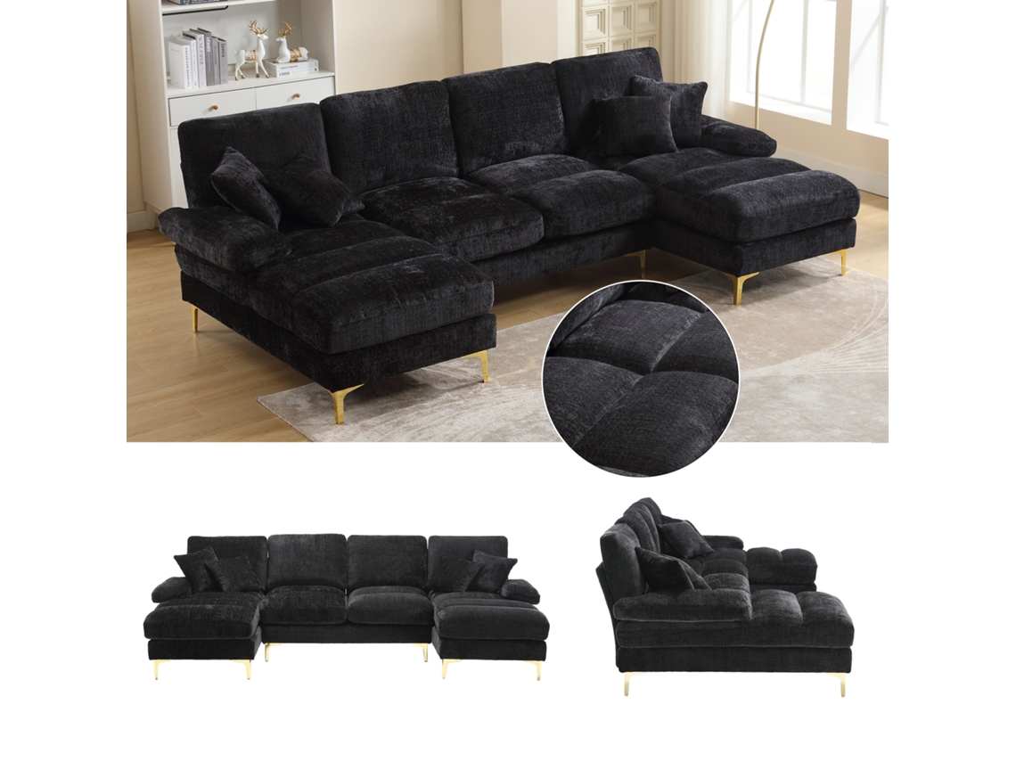 Sofá Seccional U Grande - Doble Reposapiés - Negro