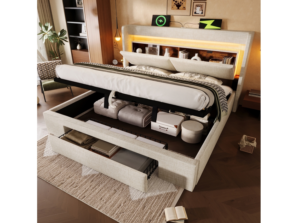 Cama Tapizada De 160x200 Cm Con Cabecero Hidráulico Led Usb C Y Espacio De Almacenamiento, Color Beige Lino.
