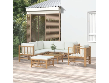 Conjunto 8 de muebles de jardín VIDAXL bambú y cojines blanco crema
