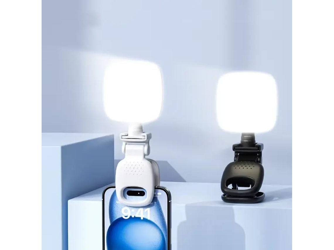 Mini luz LED para celular, cámara y laptop. Luz selfie portátil con clip, recargable por USB. Chronus (blanca).