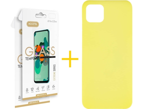 Carcasa + 2 Protectores de Vidrio iPhone 13 Mini ACCETEL Silicona Líquido Amarillo