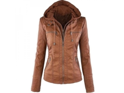 Chaqueta de moto Rebe para mujer con capucha de piel sintética, chaqueta motera, chaqueta para exteriores, color marrón claro.