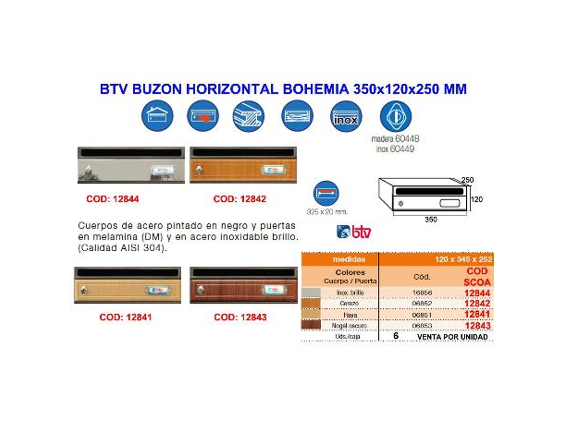 Btv buzon horizontal bohemia 2 cerezo 350x120x250 mm 06852