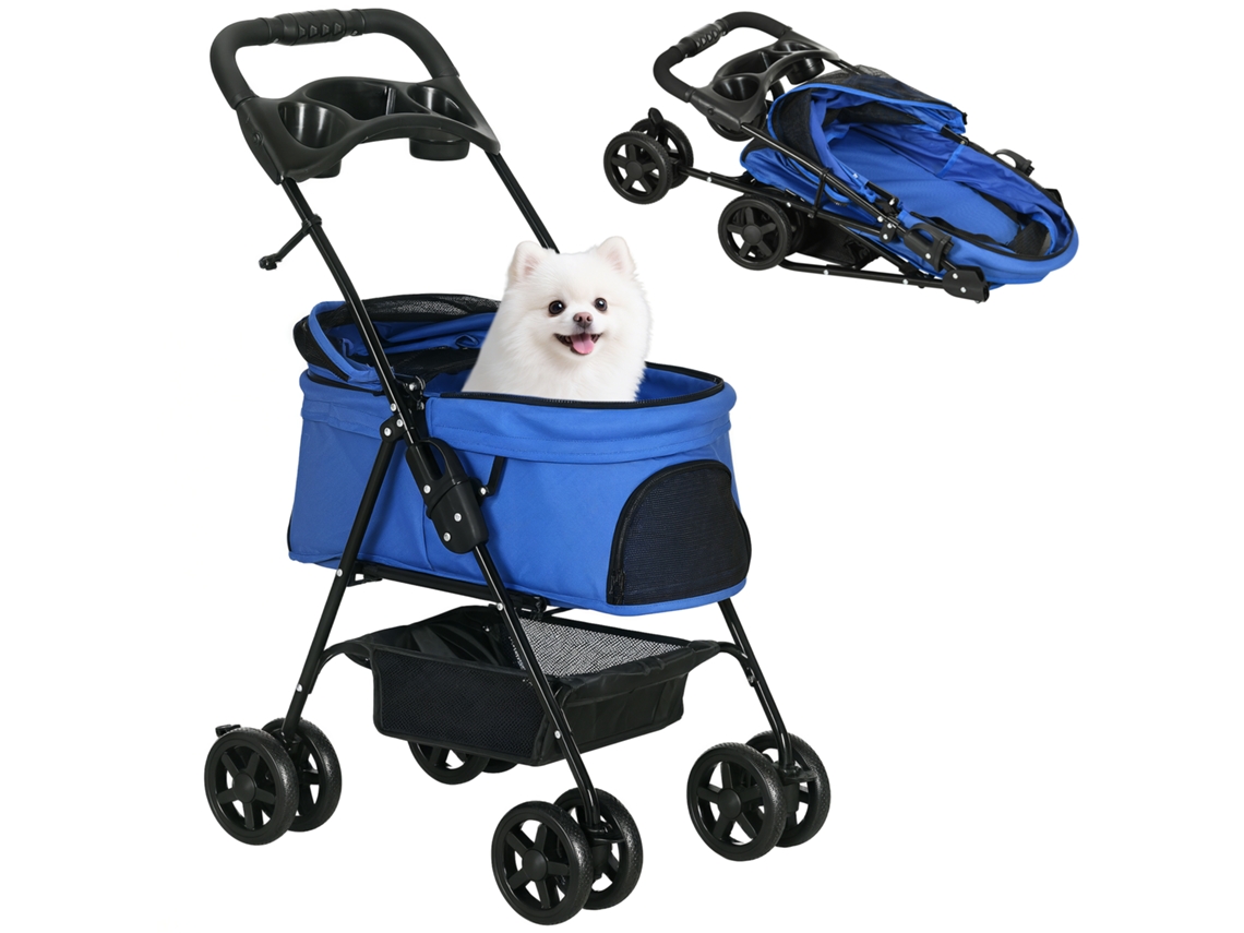 Cochecito Pequeño Para Perros Con Ruedas Universales, Cesta Y Cinturones De Seguridad, 67x45x96 Cm, Azul.