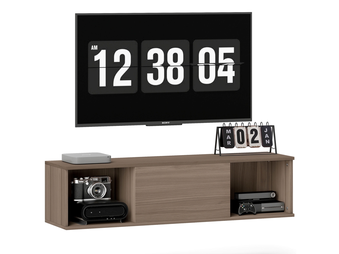 Mueble De Tv De Pared Con 2 Compartimentos Y Puerta Marrón, 120x30x29 Cm.