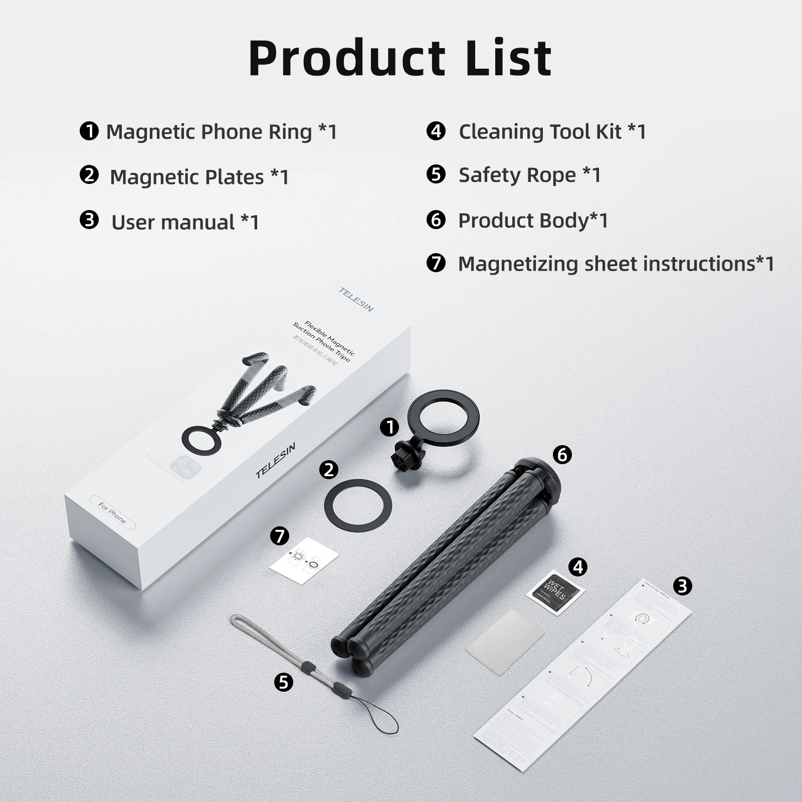 Mini trípode magnético tipo pulpo con liberación rápida para celulares (iPhone 15-12 Pro Max, Huawei, Samsung, Xiaomi) - Negro