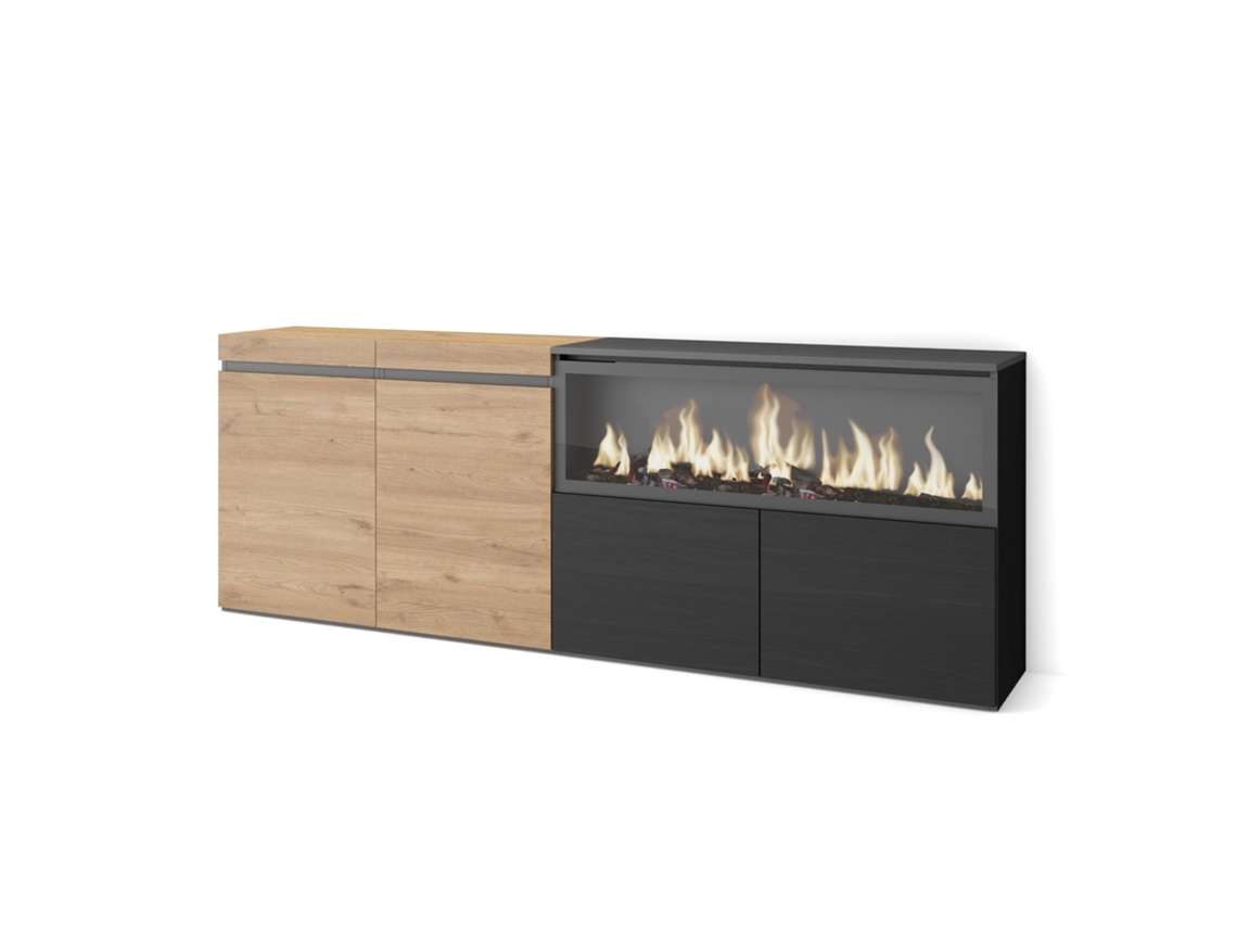 Aparadores para salón, 210, 4 Puertas, Chimenea eléctrica XXL, Roble y negro SKRAUT HOME
