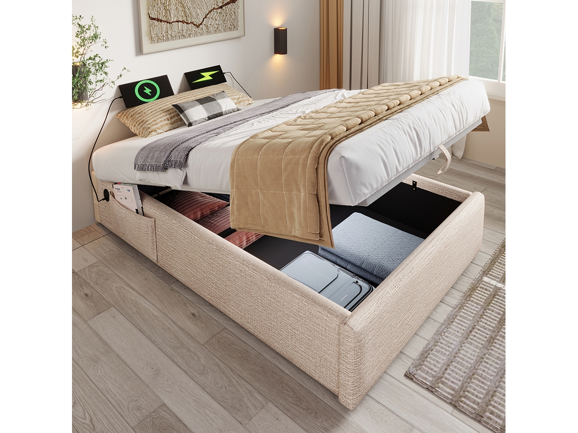 Base de cama USB-C tapizada en lino beige GUTENT (90 x 200 cm)