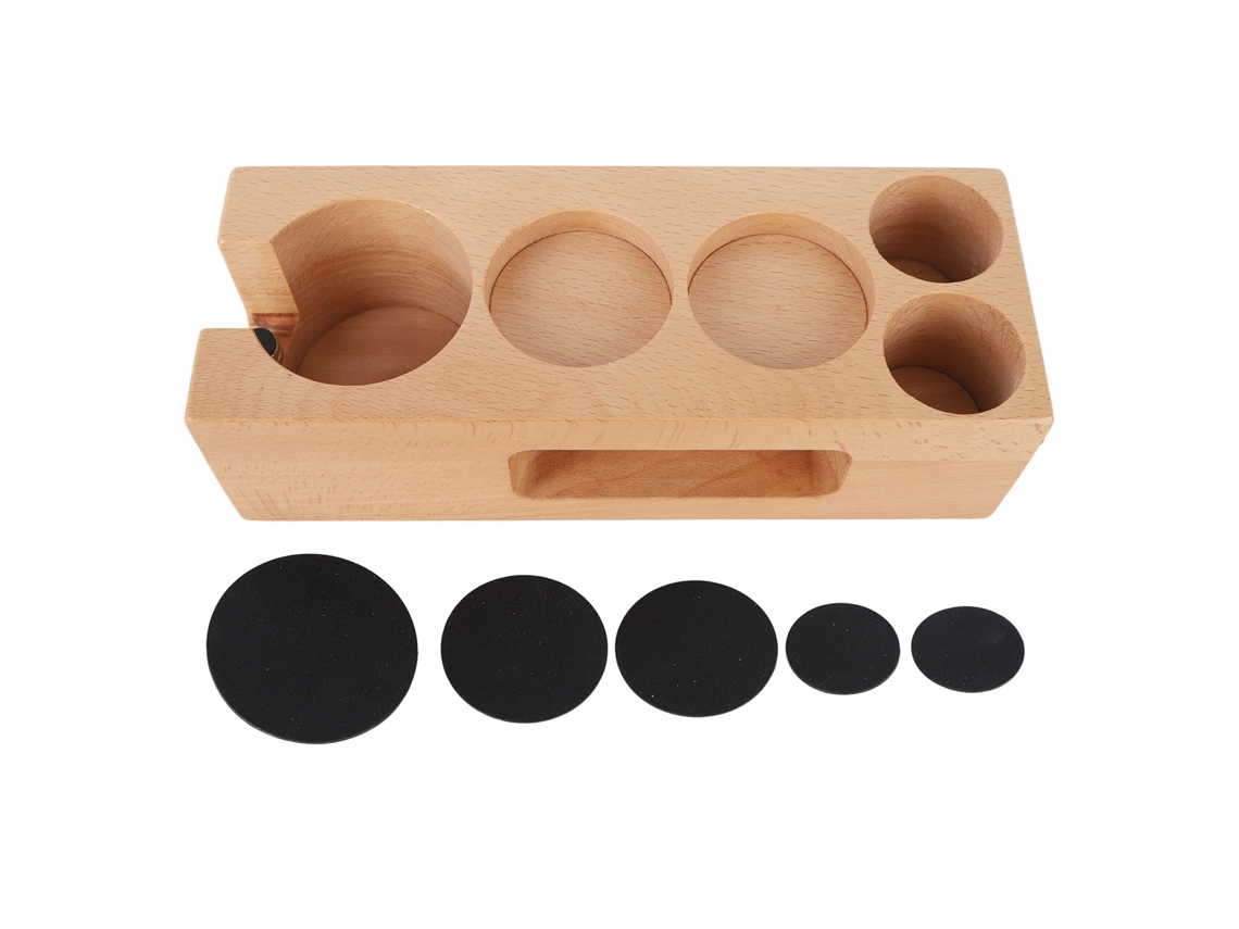 Soporte de madera para prensa de café con 5 agujeros de 58 mm para el hogar, la cafetería, el hotel y la oficina.