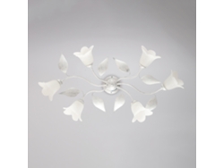 Lámpara de techo Olga de hierro lacado blanco con decoración. Difusores antiguos en plata y cristal. Diámetro 14 cm. Alabastro blanco. 6 luces. Ancho 70 x 52 cm. Belight.