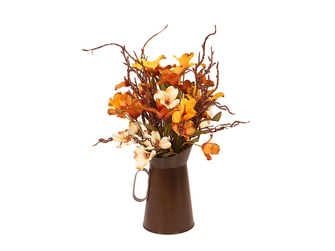 Lámpara de mesa de otoño con cubo de hierro y adorno floral de simulación para el Día de Acción de Gracias