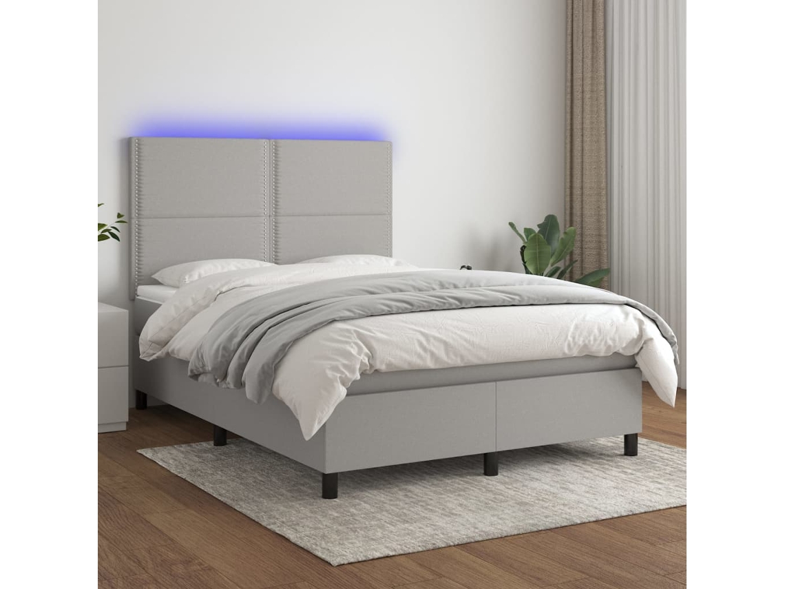 Cama box spring colchón y luces LED tela gris claro 140x200 cm