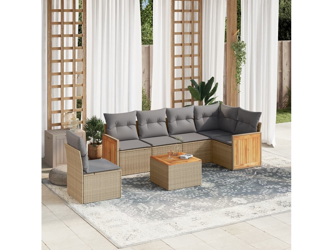 Conjunto de sofá de jardín de 7 piezas con cojines, mimbre sintético beige, Dkd Home Decor
