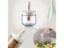 Tarro de cristal para especias con cuchara retráctil y tapa hermética integrada.