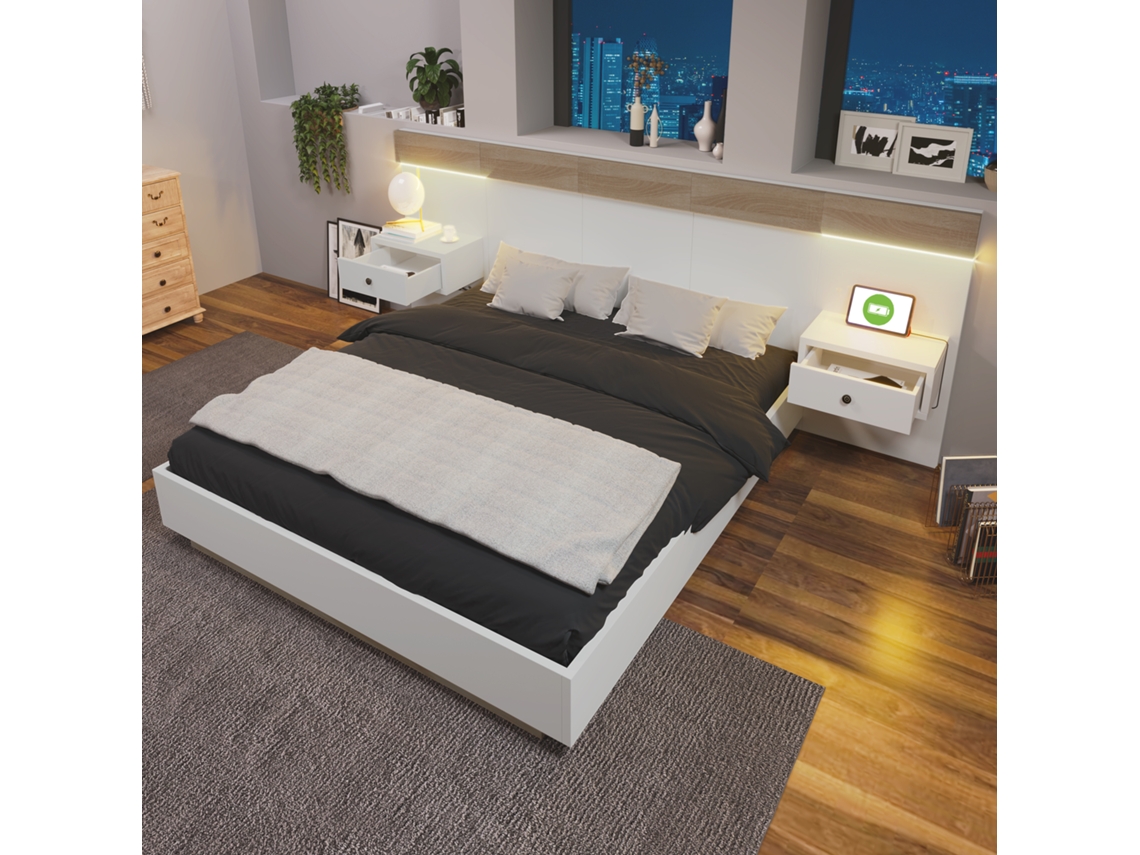 Juego De Dormitorio Sonoma 160x200 Madera Led Usb-c