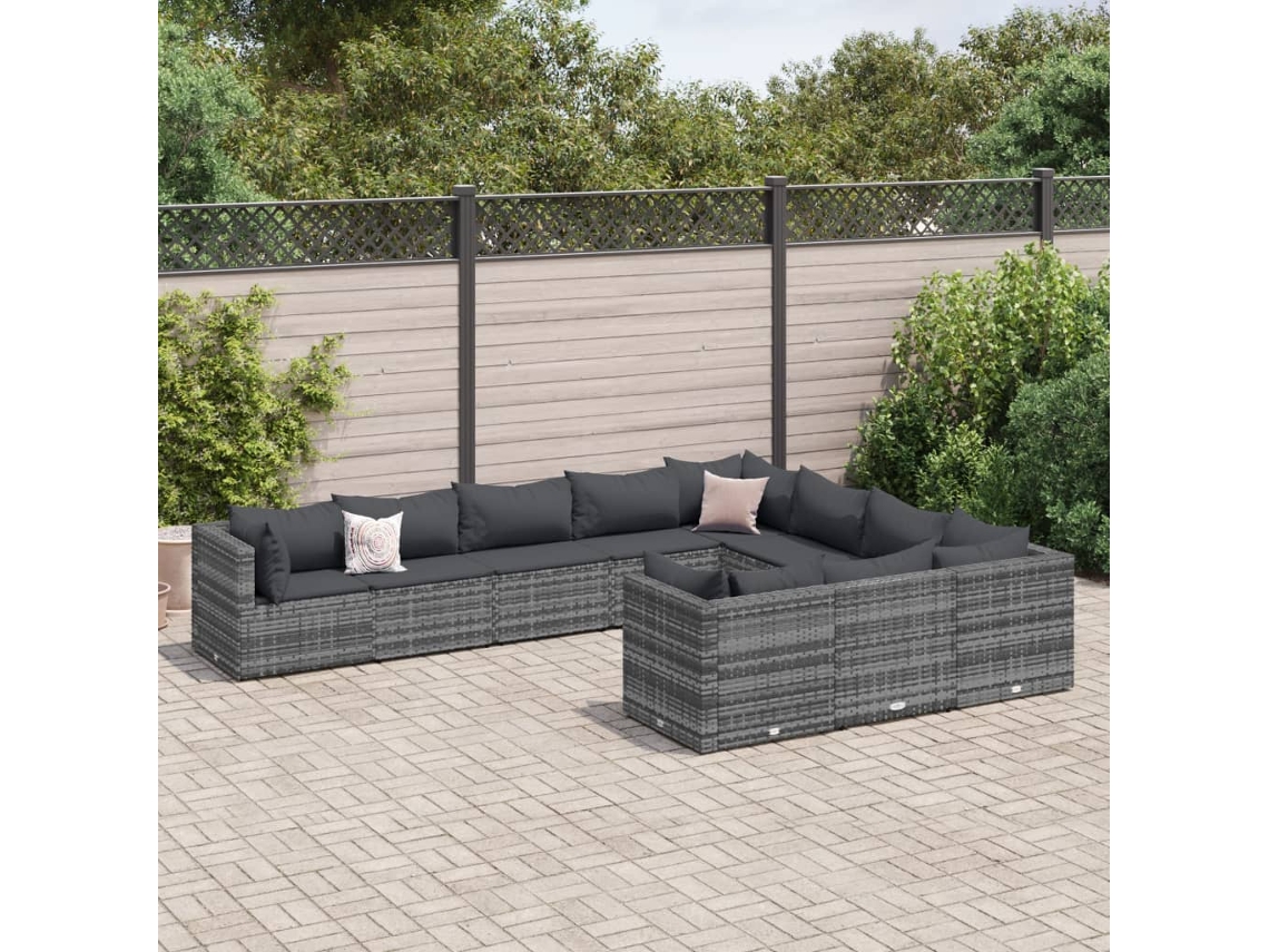 Conjunto de sofá de jardín de 10 piezas con cojines, ratán gris, DKD Home Decor