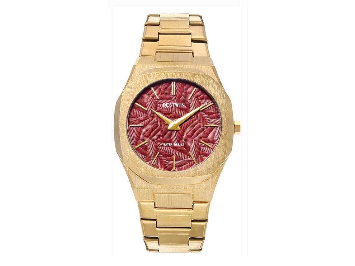 Reloj De Cuarzo Para Hombre (dorado Y Rojo) Con Hojas En Relieve.