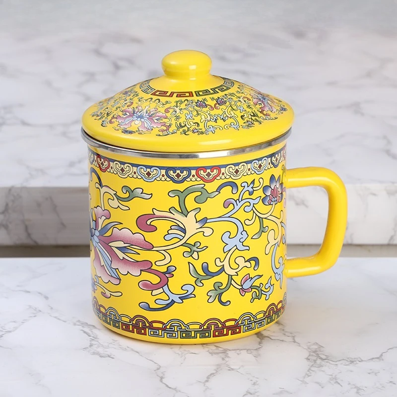 Taza De Esmalte Retro Personalizada De 500 Ml (amarilla) Con Tapa, Taza De Té Aislante, Juego Para Bebidas.